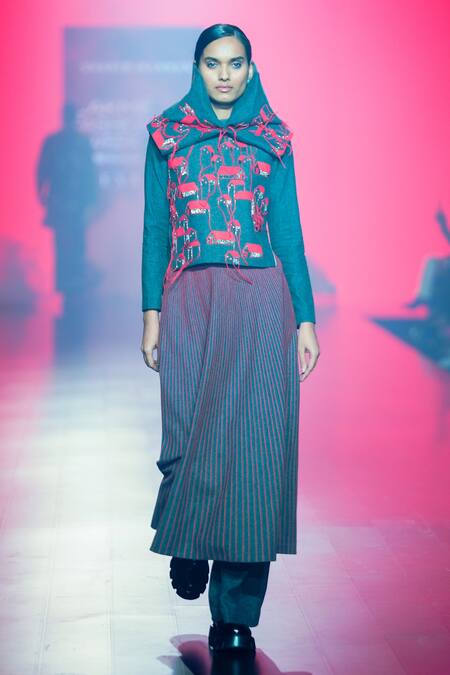 Shop_Shahin Mannan_Grey Denim Embroidery Stitch Line Skirt _Online_at_Aza_Fashions