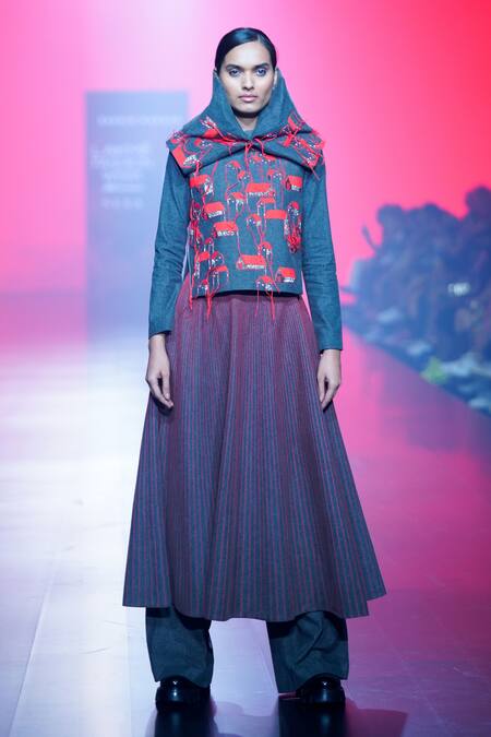 Shop_Shahin Mannan_Grey Denim Embroidery Round Neck Tiny Houses Top _Online_at_Aza_Fashions