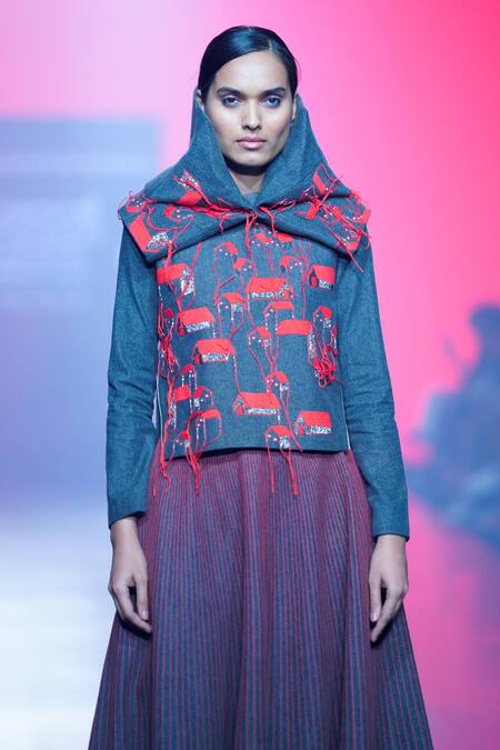 Shahin Mannan Grey Denim Embroidery Round Neck Tiny Houses Top Skirt Set at Aza Fashions Shahin Mannan_Grey Denim Embroidery Round Neck Tiny Houses Top Skirt Set _at_Aza_Fashions