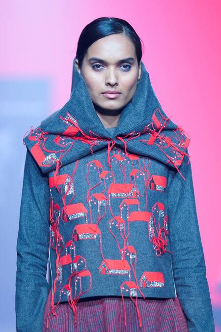 Shahin Mannan_Grey Denim Embroidery Round Neck Tiny Houses Top _at_Aza_Fashions