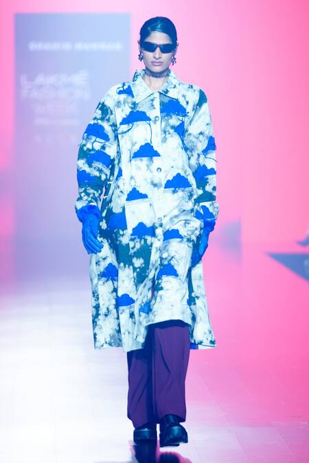 Shahin Mannan_Grey Denim Sequins Collared Clouds And Rainbow Pattern Dress With Pant _Online_at_Aza_Fashions