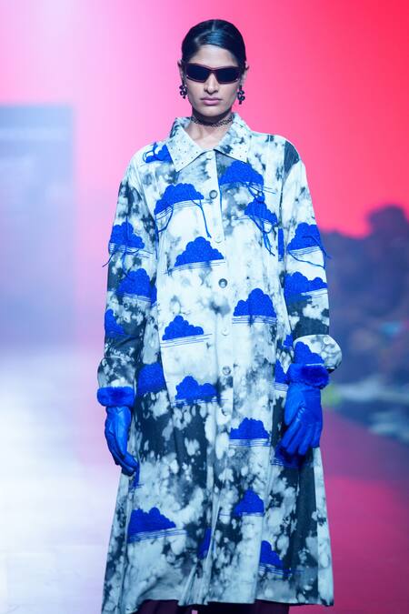 Shop_Shahin Mannan_Grey Denim Sequins Collared Clouds And Rainbow Pattern Dress With Pant _Online_at_Aza_Fashions