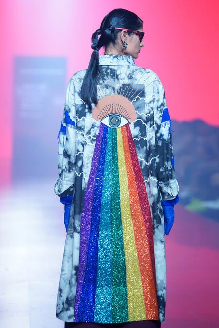 Shahin Mannan_Grey Denim Sequins Collared Clouds And Rainbow Pattern Dress With Pant _at_Aza_Fashions