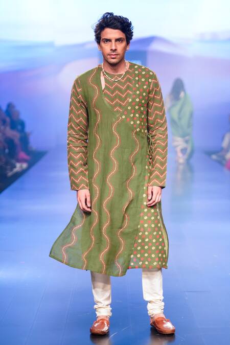 Buy_Punit Balana_Green Linen Embroidery Bandhani Print Angarkha Kurta Set _Online_at_Aza_Fashions
