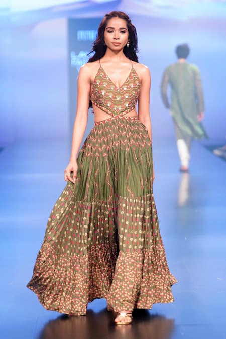 Punit Balana_Green Satin Silk Print Resham V Neck Coin And Work Yoke Tiered Dress _Online_at_Aza_Fashions