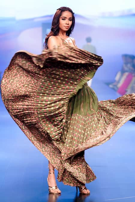Buy_Punit Balana_Green Satin Silk Print Resham V Neck Coin And Work Yoke Tiered Dress _Online_at_Aza_Fashions