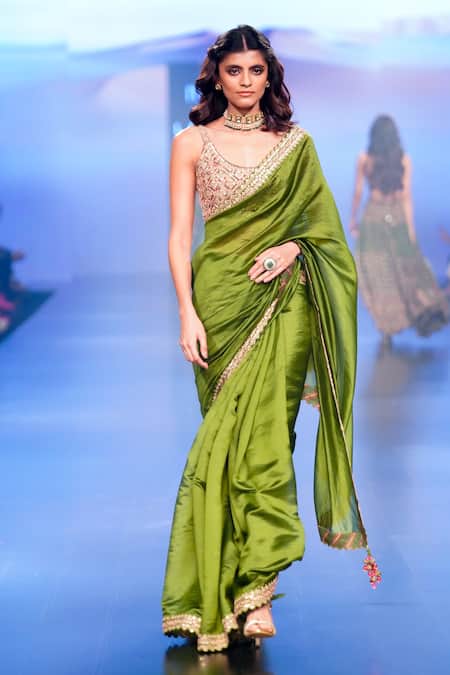 PUNIT BALANA_Green Organza Silk Embroidery Marodi Scoop Neck Work Saree With Blouse _Online_at_Aza_Fashions