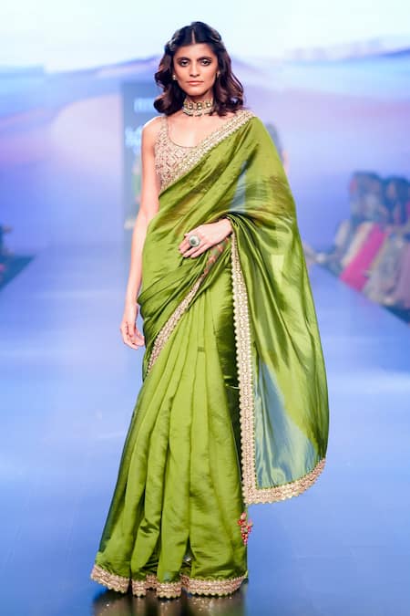 Buy_PUNIT BALANA_Green Organza Silk Embroidery Marodi Scoop Neck Work Saree With Blouse _Online_at_Aza_Fashions