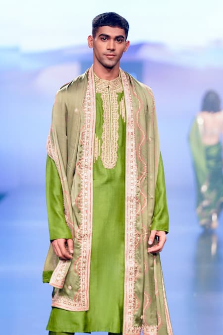 Buy Punit Balana Green Silk, Tussar Embroidery Neckline Kurta Set With Dushala Online at Aza Fashions Buy_Punit Balana_Green Silk, Tussar Embroidery Neckline Kurta Set With Dushala _Online_at_Aza_Fashions