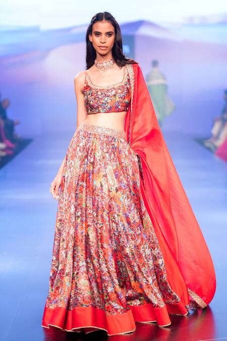 Punit Balana_Red Satin, Silk Embroidery Square Neck Surkh Laal Embellished Bridal Lehenga Set _at_Aza_Fashions