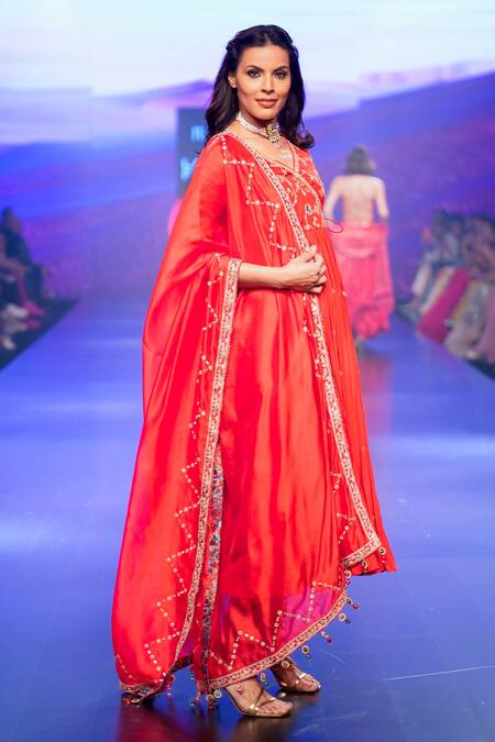 Punit Balana Red Silk, Organza Embroidery, Tassels V-neck Surkh Laal Hand Angrakha Set at Aza Fashions Punit Balana_Red Silk, Organza Embroidery, Tassels V-neck Surkh Laal Hand Angrakha Set _at_Aza_Fashions