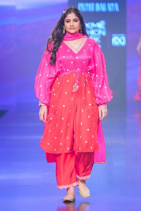 Punit Balana Red Silk Embroidery V-neck Hand Tunic With Pant Online at Aza Fashions Punit Balana_Red Silk Embroidery V-neck Hand Tunic With Pant _Online_at_Aza_Fashions