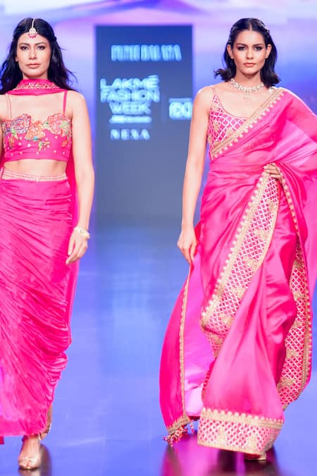 Shop_Punit Balana_Pink Organza, Silk Gota Patti, Embroidery Scoop Marodi Border Saree With Blouse _Online_at_Aza_Fashions
