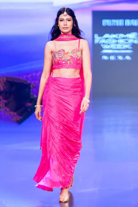 Punit Balana_Pink Silk, Organza Embroidery Asymmetric Gulaabi Blouse Draped Skirt Set _Online_at_Aza_Fashions