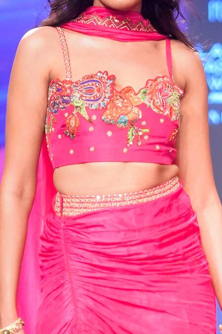Buy_Punit Balana_Pink Silk, Organza Embroidery Asymmetric Gulaabi Blouse Draped Skirt Set _Online_at_Aza_Fashions