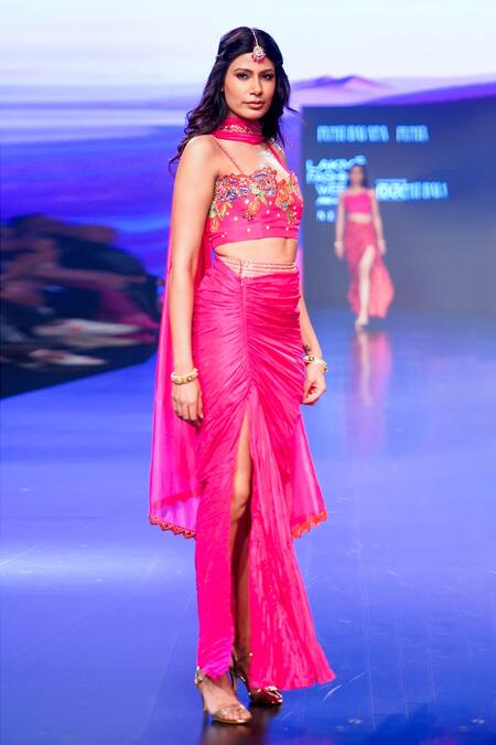Shop_Punit Balana_Pink Silk, Organza Embroidery Asymmetric Gulaabi Blouse Draped Skirt Set _Online_at_Aza_Fashions