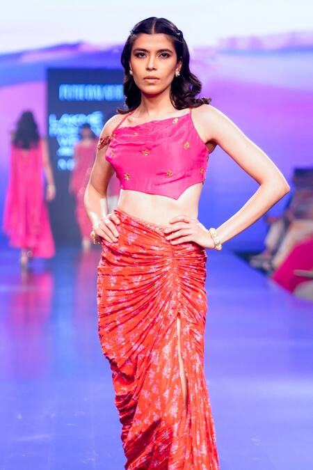 Buy_Punit Balana_Red Silk Embroidery Asymmetric Gulaabi Top And Surkh Laal Draped Skirt Set _Online_at_Aza_Fashions