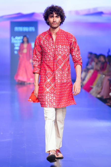 Buy_Punit Balana_Red Chanderi Silk Embroidery Coin Embellished Kurta Set _Online_at_Aza_Fashions
