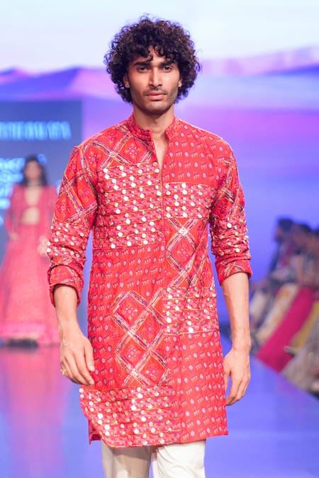 Shop_Punit Balana_Red Chanderi Silk Embroidery Coin Embellished Kurta Set _Online_at_Aza_Fashions