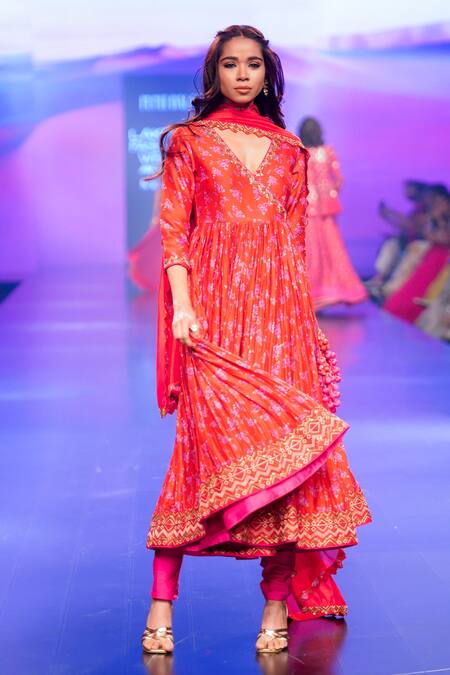 Buy_Punit Balana_Red Chanderi Silk, Organza Embroidery Surkh Laal Floral Print Angarkha Set _Online_at_Aza_Fashions