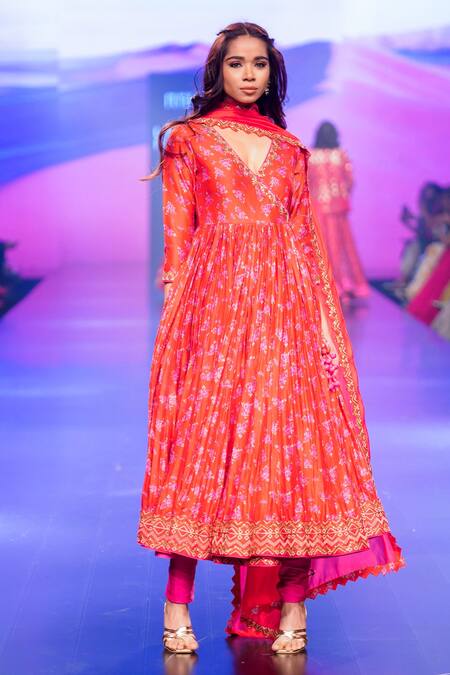 Shop_Punit Balana_Red Chanderi Silk, Organza Embroidery Surkh Laal Floral Print Angarkha Set _Online_at_Aza_Fashions