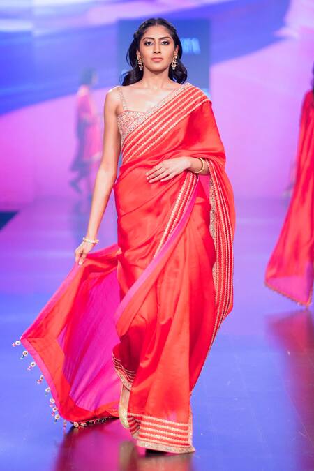 Punit Balana_Red Organza, Silk Embroidery, Tassels Sweetheart Neck Saree Set _Online_at_Aza_Fashions