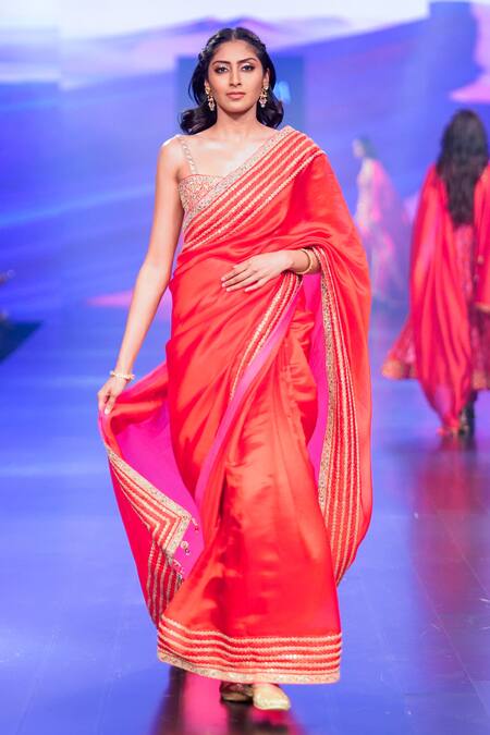 Buy_Punit Balana_Red Organza, Silk Embroidery, Tassels Sweetheart Neck Saree Set _Online_at_Aza_Fashions