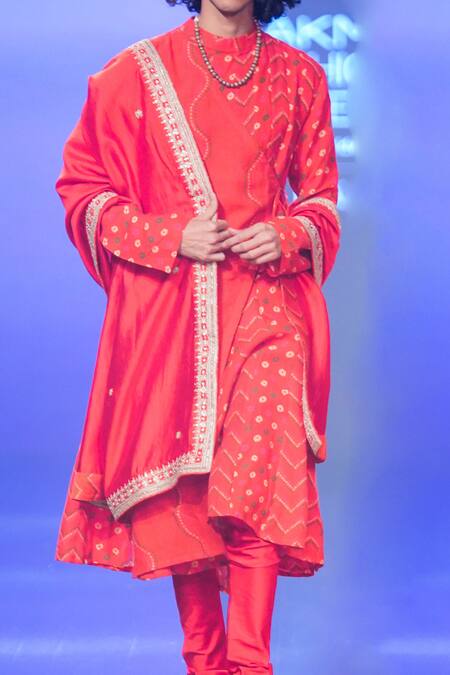 Punit Balana Red Linen Embroidery Bandhani Print Angarkha Kurta Set With Dushala Online at Aza Fashions Punit Balana_Red Linen Embroidery Bandhani Print Angarkha Kurta Set With Dushala _Online_at_Aza_Fashions