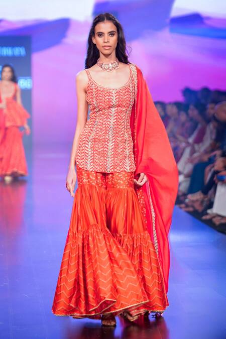 Punit Balana Red Organza, Silk Embroidery Scoop Surkh Laal Strappy Short Kurta Gharara Set Online at Aza Fashions Punit Balana_Red Organza, Silk Embroidery Scoop Surkh Laal Strappy Short Kurta Gharara Set _Online_at_Aza_Fashions