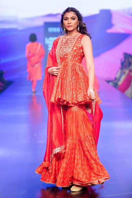 Shop Punit Balana Red Silk, Chanderi Embroidery, Zari Round Bandhani Print Kedia Top And Gharara Set Online at Aza Fashions Shop_Punit Balana_Red Silk, Chanderi Embroidery, Zari Round Bandhani Print Kedia Top And Gharara Set _Online_at_Aza_Fashions