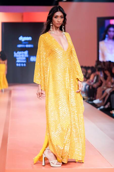 Buy_Arpita Mehta_Yellow Georgette Sequins, Mirrors V-neck And Embroidered Kaftan