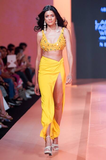 Buy_Arpita Mehta_Yellow Net, Cotton Beads, Mirrors Round Embroidered Blouse And Tulip Skirt Set