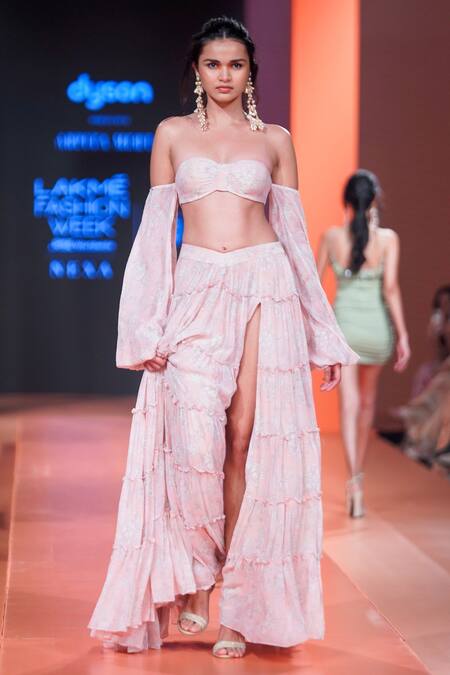 Buy_Arpita Mehta_Beige Georgette Embroidery Sweetheart Neck Floral Print Blouse And Skirt Set