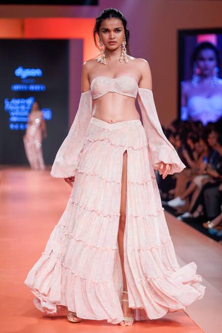 Shop_Arpita Mehta_Beige Georgette Embroidery Sweetheart Neck Floral Print Blouse And Skirt Set