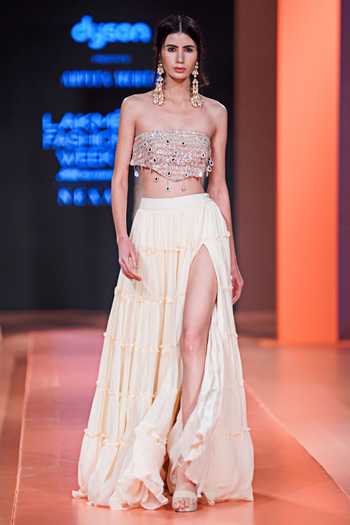 Shop_Arpita Mehta_White Georgette Mirrors, Sequins, Embroidery Square Tiered Skirt And Blouse Set_Online_at_Aza_Fashions
