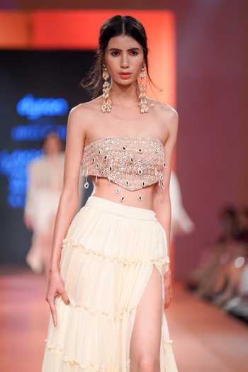 Arpita Mehta_White Georgette Mirrors, Sequins, Embroidery Square Tiered Skirt And Blouse Set_at_Aza_Fashions
