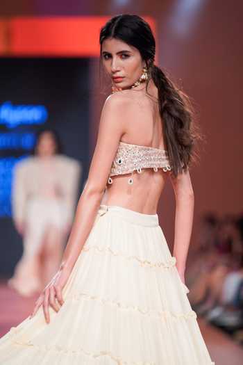 Buy_Arpita Mehta_White Georgette Mirrors, Sequins, Embroidery Square Tiered Skirt And Blouse Set