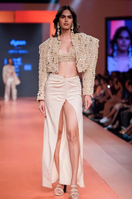 Buy Arpita Mehta Beige Net, Cotton Mirrors Open Neck Tassel Embroidered Jacket And Tulip Skirt Set Buy_Arpita Mehta_Beige Net, Cotton Mirrors Open Neck Tassel Embroidered Jacket And Tulip Skirt Set