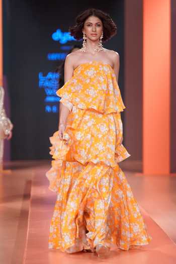 Arpita Mehta_White Crepe, Silk Square Neck Floral Print Gown_at_Aza_Fashions