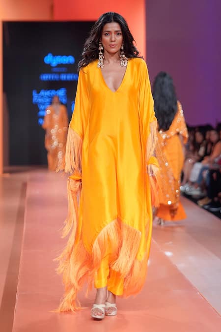 Arpita Mehta_Orange Silk Fringe V-neck Sleeve Embroidered Kaftan Set _Online_at_Aza_Fashions