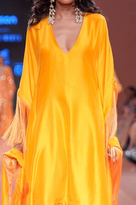Buy_Arpita Mehta_Orange Silk Fringe V-neck Sleeve Embroidered Kaftan Set _Online_at_Aza_Fashions