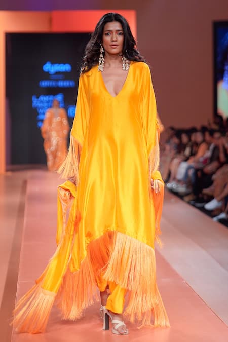 Shop_Arpita Mehta_Orange Silk Fringe V-neck Sleeve Embroidered Kaftan Set _Online_at_Aza_Fashions