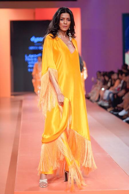 Buy_Arpita Mehta_Orange Silk Fringe V-neck Sleeve Embroidered Kaftan Set 