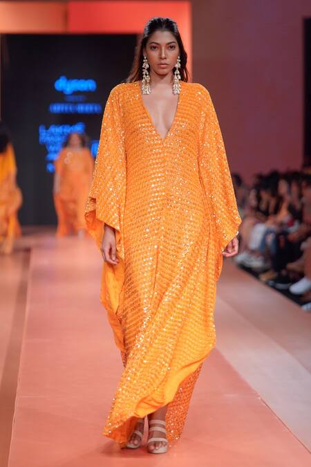 Buy_Arpita Mehta_Orange Georgette Sequins, Mirrors V-neck And Embroidered Kaftan_Online_at_Aza_Fashions