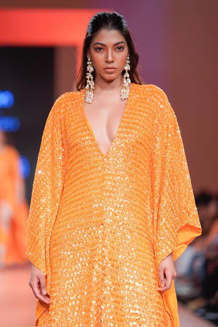 Shop_Arpita Mehta_Orange Georgette Sequins, Mirrors V-neck And Embroidered Kaftan_Online_at_Aza_Fashions