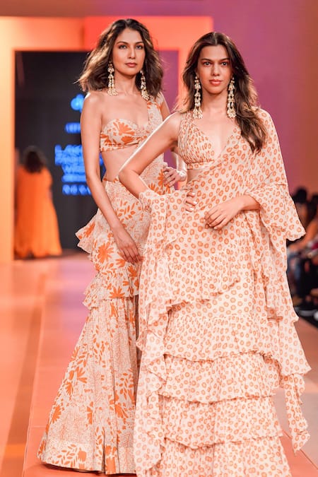 Shop_Arpita Mehta_Beige Georgette Embroidery Plunge Neck Floral Print Ruffle Saree And Blouse Set_Online_at_Aza_Fashions