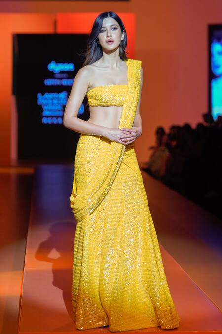 Arpita Mehta_Yellow Georgette Mirrors, Sequins Embroidered Pre-draped Saree With Blouse_at_Aza_Fashions