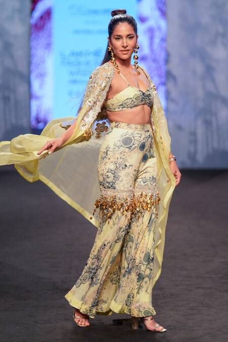 Shop Bhumika Sharma Blue Organza, Georgette Embroidery, Floral Cape And Blossom Print Sharara Set Shop_Bhumika Sharma_Blue Organza, Georgette Embroidery, Floral Cape And Blossom Print Sharara Set