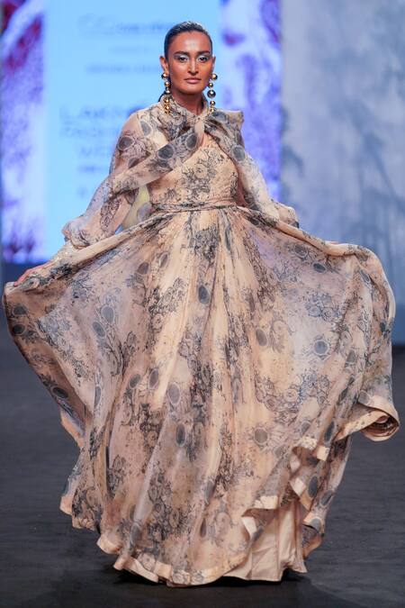 Shop Bhumika Sharma Beige Organza Embroidery Bandeau Neck Blossom Print Bow Gown Shop_Bhumika Sharma_Beige Organza Embroidery Bandeau Neck Blossom Print Bow Gown