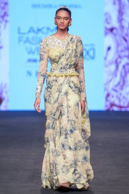 Shop Bhumika Sharma Green Georgette Embroidery Round Neck Blossom Print Pre-draped Saree Set Online at Aza Fashions Shop_Bhumika Sharma_Green Georgette Embroidery Round Neck Blossom Print Pre-draped Saree Set _Online_at_Aza_Fashions